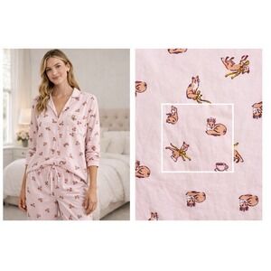 Victorias Secret Pajama Set Pink FOX Novelty L Cotton Modal Long Sleeve Comfy